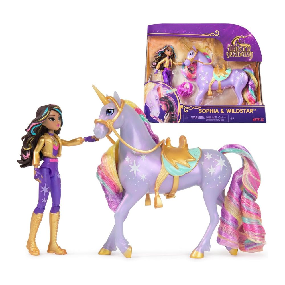 Muñeca Unicorn Academy Sophia y Unicornio Wildstar con Luz